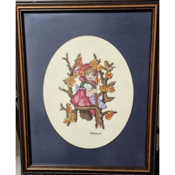 Vintage Hummel Finished Cross Stitch Professionally Framed Art Girl in a Tree - Picture 1 of 6